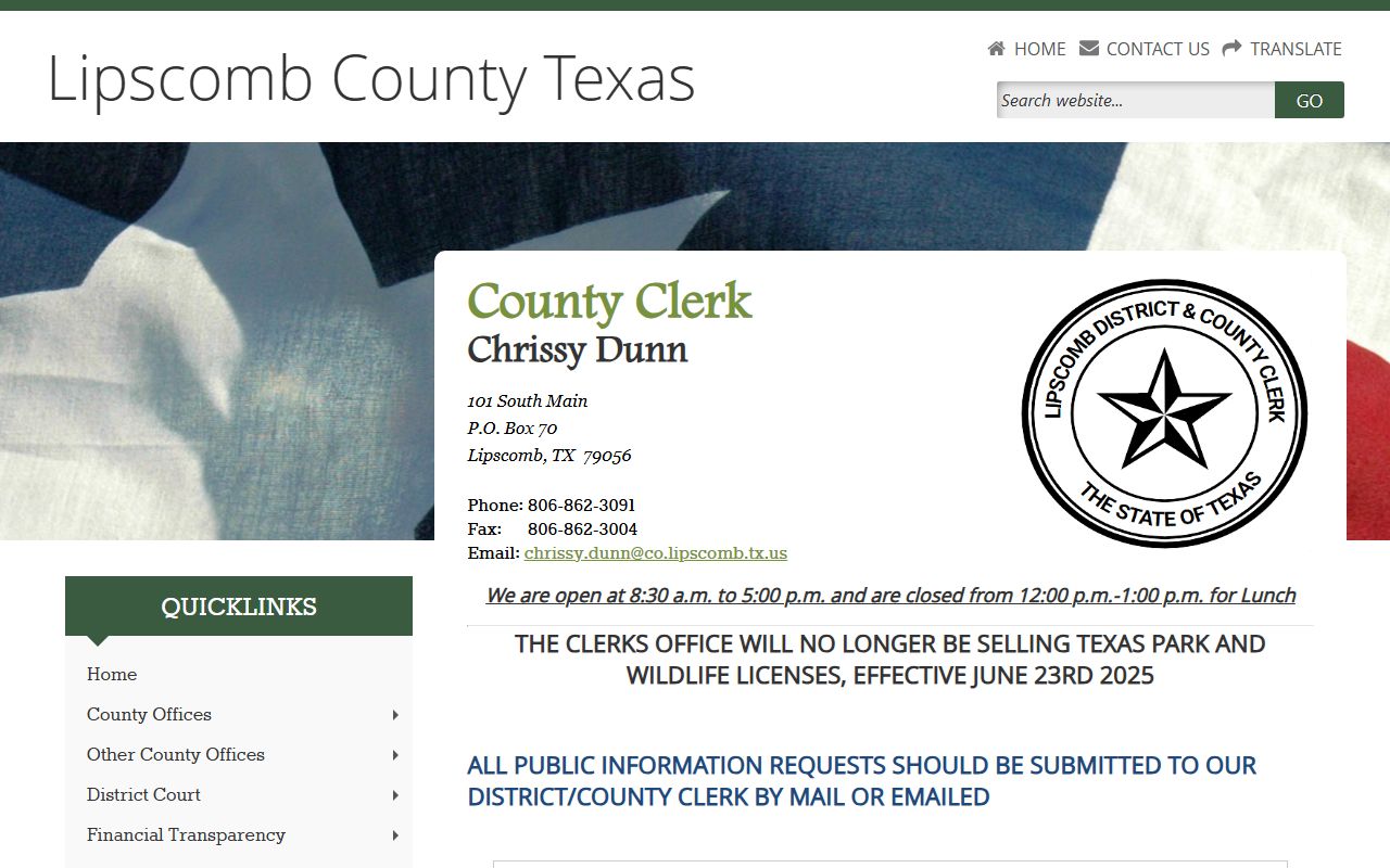 Lipscomb County Clerk public information contact for booking photo requests
