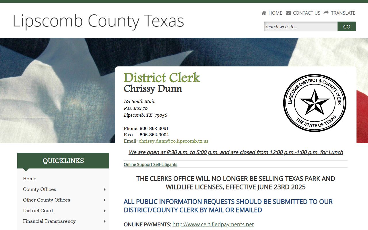 Lipscomb County District Clerk public information contact for inmate records