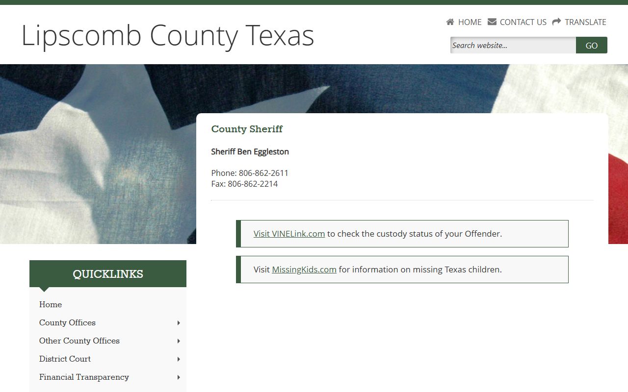 Lipscomb County Jail sheriff page for inmate lookup
