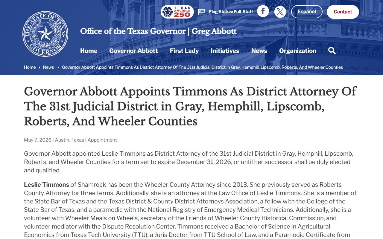 Governor appointment notice for Lipscomb County district attorney court records