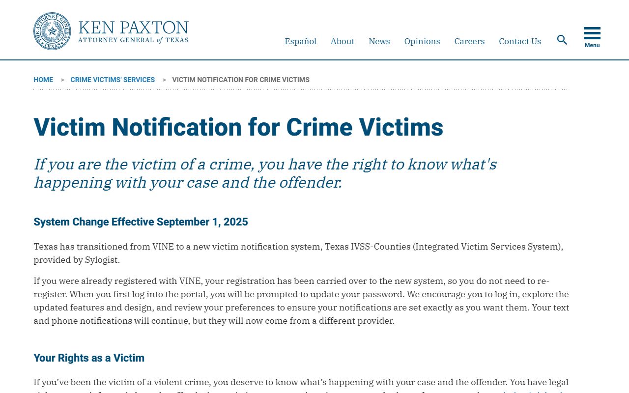 Texas Attorney General IVSS page for Lipscomb County inmate records