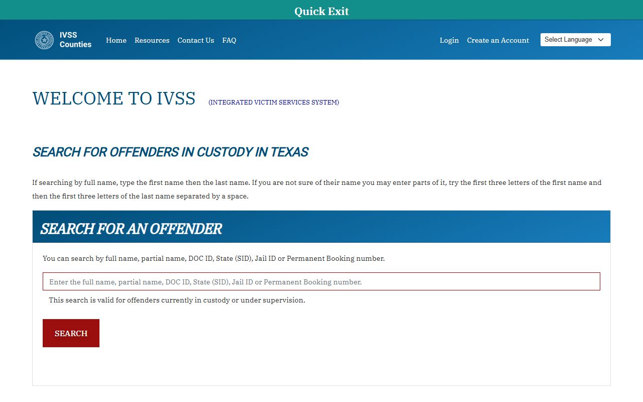 Texas IVSS Counties portal for Lipscomb County custody lookup